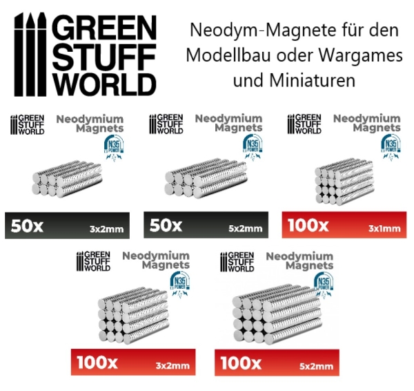 Green Stuff Neodym-Magnete für Modellbau in verschiedenen Ausführungen
